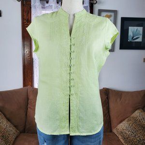 Susan Bristol Olive or Light Green Linen Blouse Size M